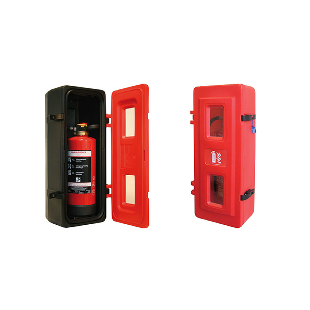 Single Plastic Fire Extinguisher Cabinet – Red/Black Design With Transparent Windows For Quick Inspection